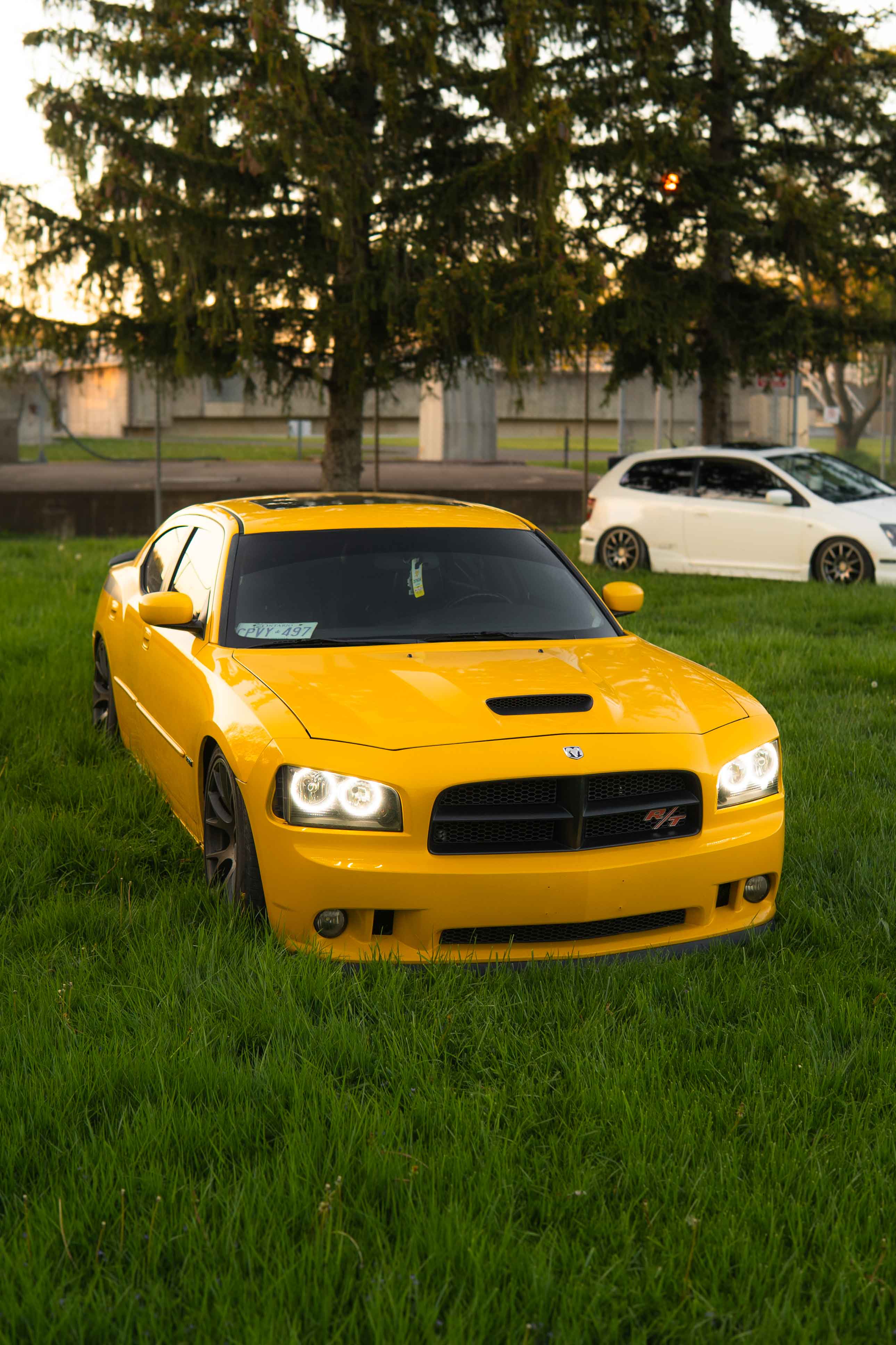 Lower angle front shot of yellow Dodge Charger Daytona