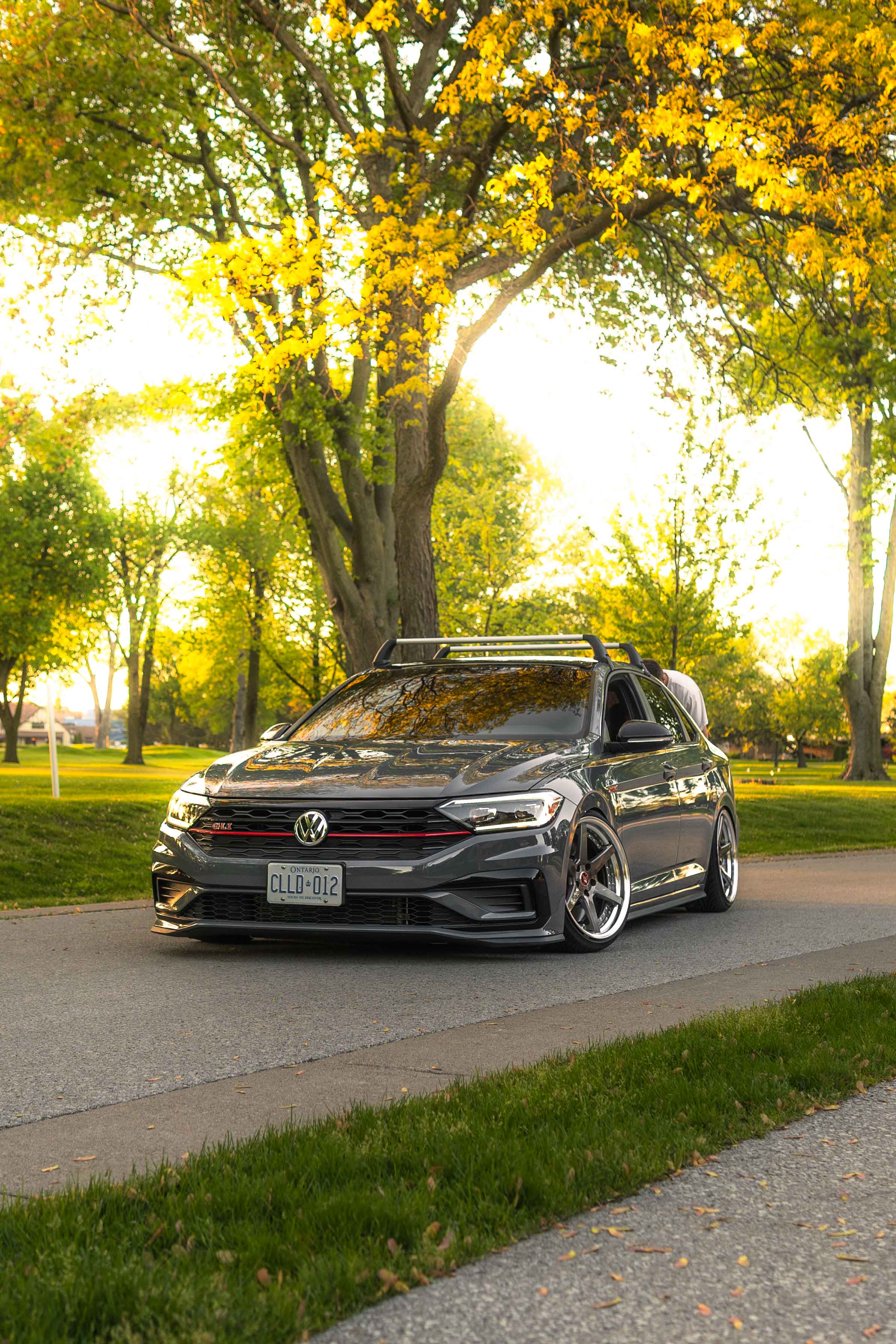 Front glam shot of a VW Jetta GLI at sunset